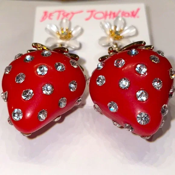 Betsey Johnson Red Strawberry White Flower Dangling Earrings Rhinestone New - Picture 3 of 6